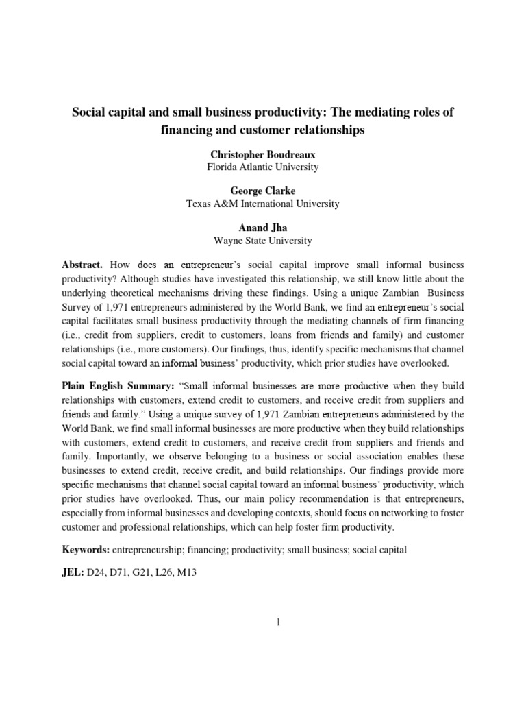 Social Capital and Small Business Productivity: The Mediating Roles of ...