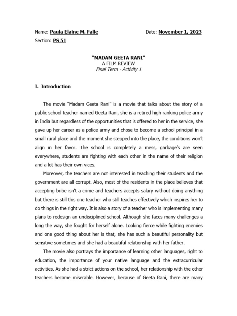 Madam Geeta Rani: A Film Review | PDF | Teachers