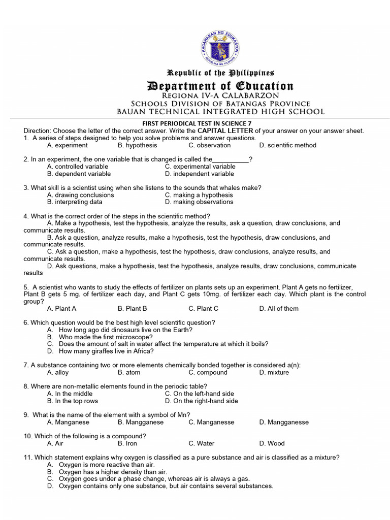 First Periodical Test in Science 7 2022 2023 | PDF | Mixture | Chemical ...