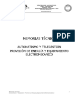 Memorias Técnicas: Automatismo Y Telegestión Provisión de Energía Y Equipamiento Electromecánico