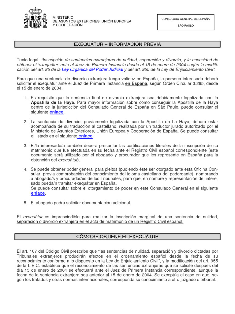 Exequátur: Proceso para Divorcios Extranjeros | PDF | Anulación | Divorcio