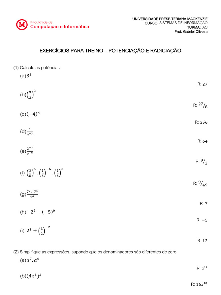 Exercícios de Potenciação e Radiciação | PDF
