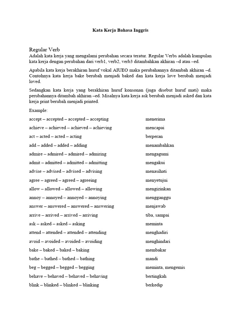 berikan 10 kata kerja dalam bahasa inggris