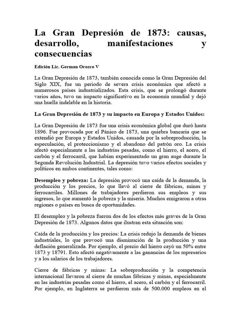 Causas y Consecuencias de la Crisis de 1873 | PDF | Gran depresion ...