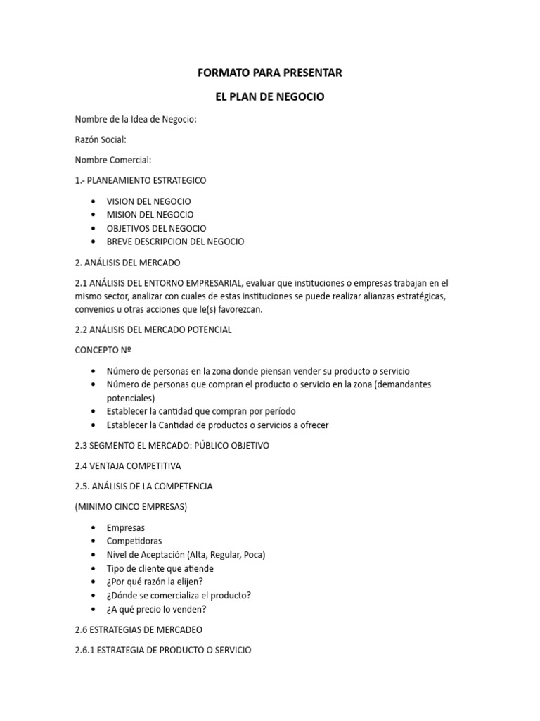 Formato para Plan de Negocio | PDF | Producto (Negocio) | Mercado ...