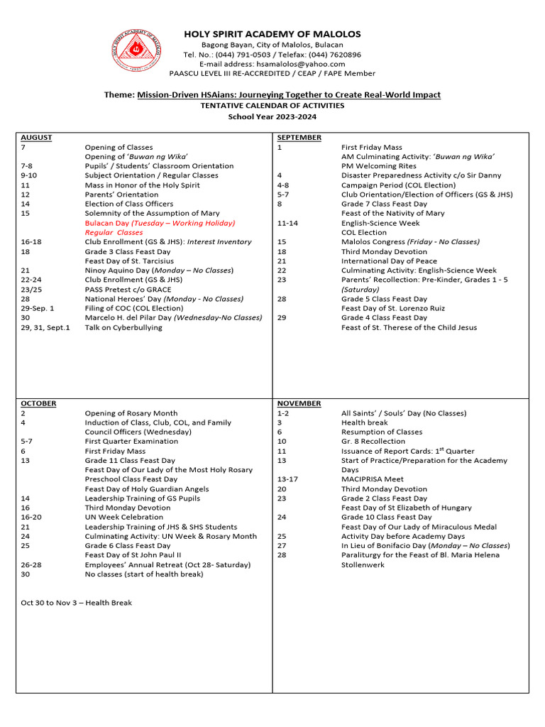 Tentative Calendar of Activities S.Y. 2023 2025 PDF Lent
