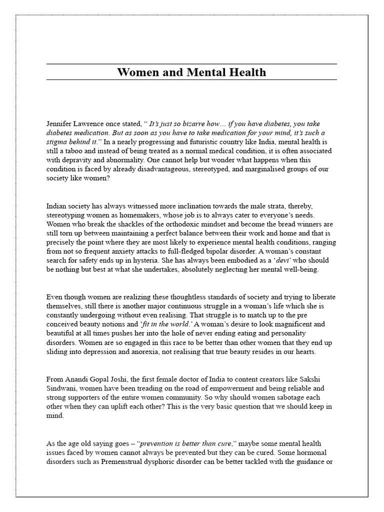 Women and mental health pdf mental health mental disorder