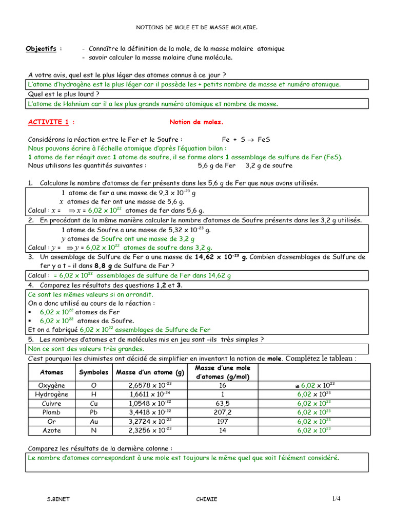 Masse Molaire et Notions de Mole PDF Atomes Mole (unité) — free download