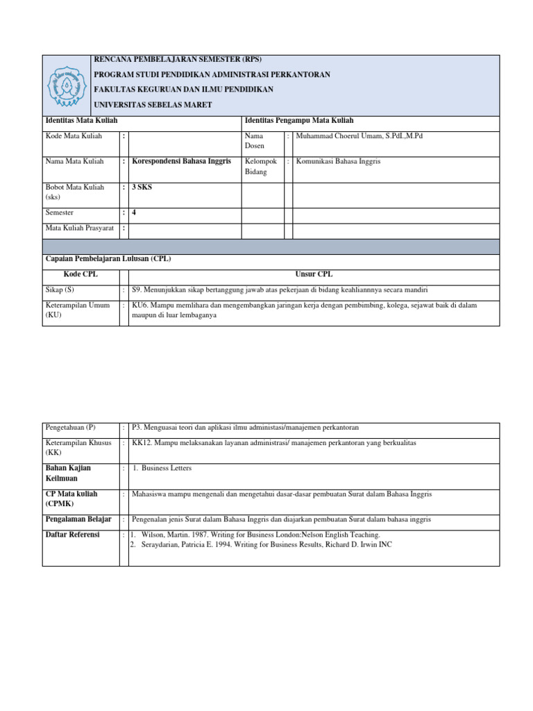 Contoh RPS Korespondensi Bahasa Inggris | PDF