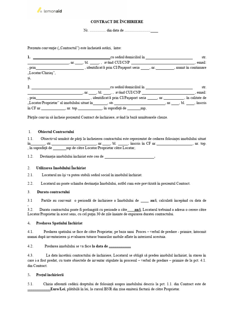 Model de Contract Închiriere Proprietate | PDF