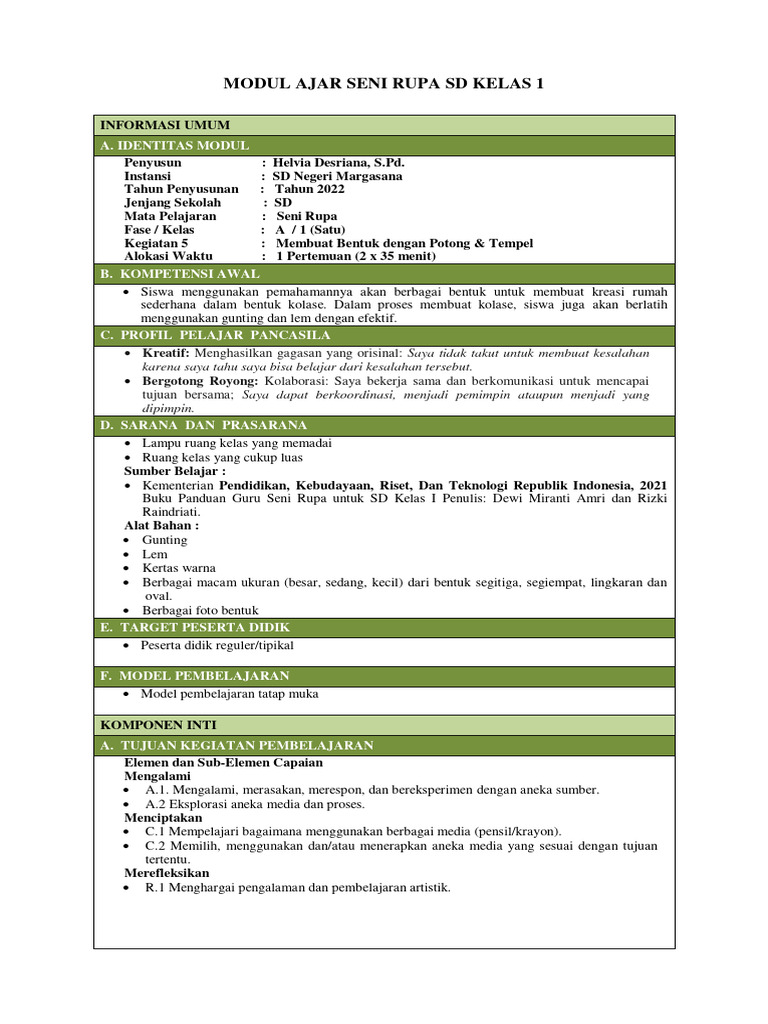 Modul Ajar Seni Rupa Kelas 1 SD | PDF | Karier & Perkembangan | Seni ...