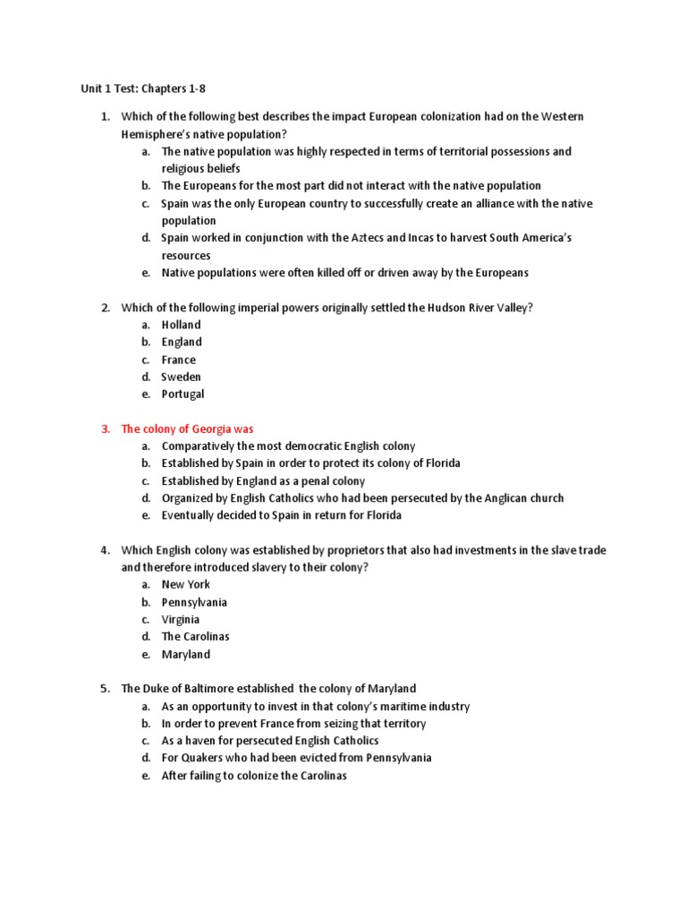 Unit 1 Test | PDF | American Revolution | Thirteen Colonies