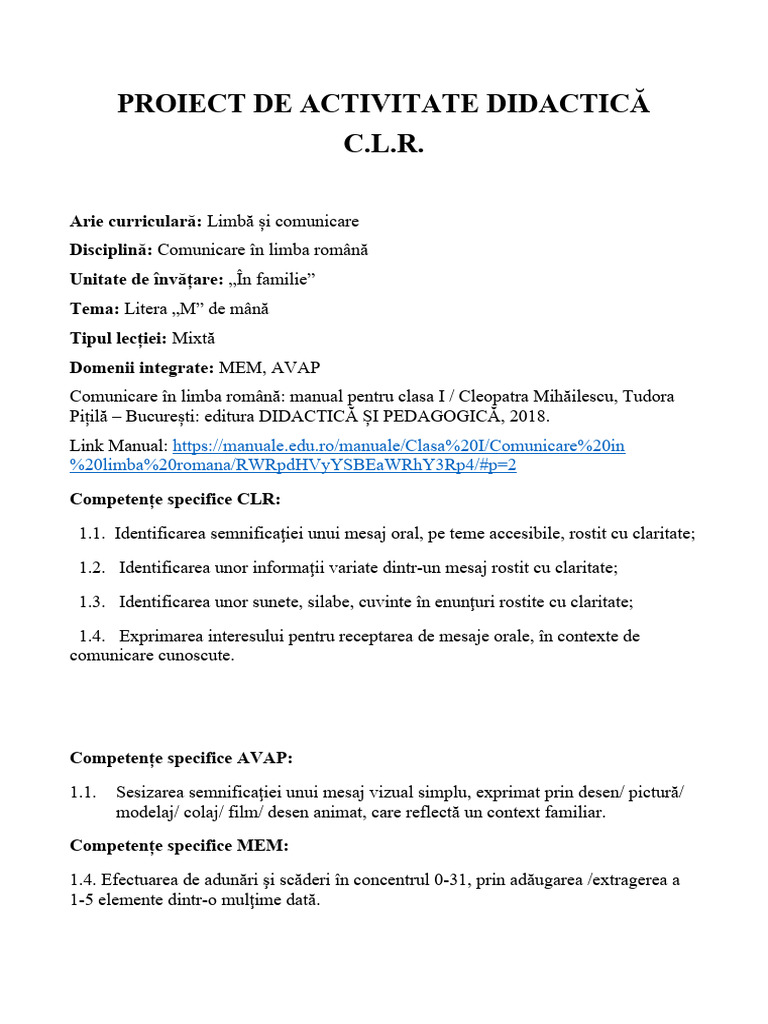 Proiect de Activitate Didactică C.L.R.: Limba Romana ...