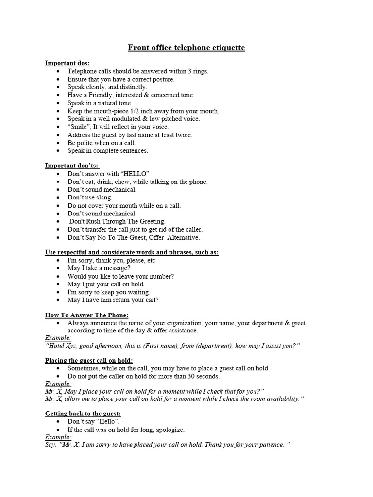 Front Office Telephone Etiquette Guide | PDF | Human Communication