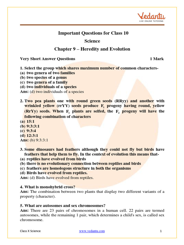 Class 10 Science 2 Chapter 1 Heredity And Evolution Important Questions