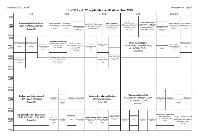 Emploi du temps L1 Informatique 2023 | PDF | Informatique