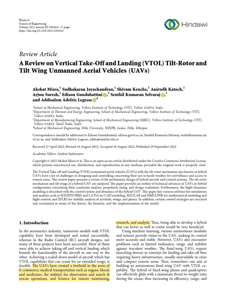 A Review On Vertical Take-Off and Landing (VTOL) Tilt-Rotor and | PDF ...