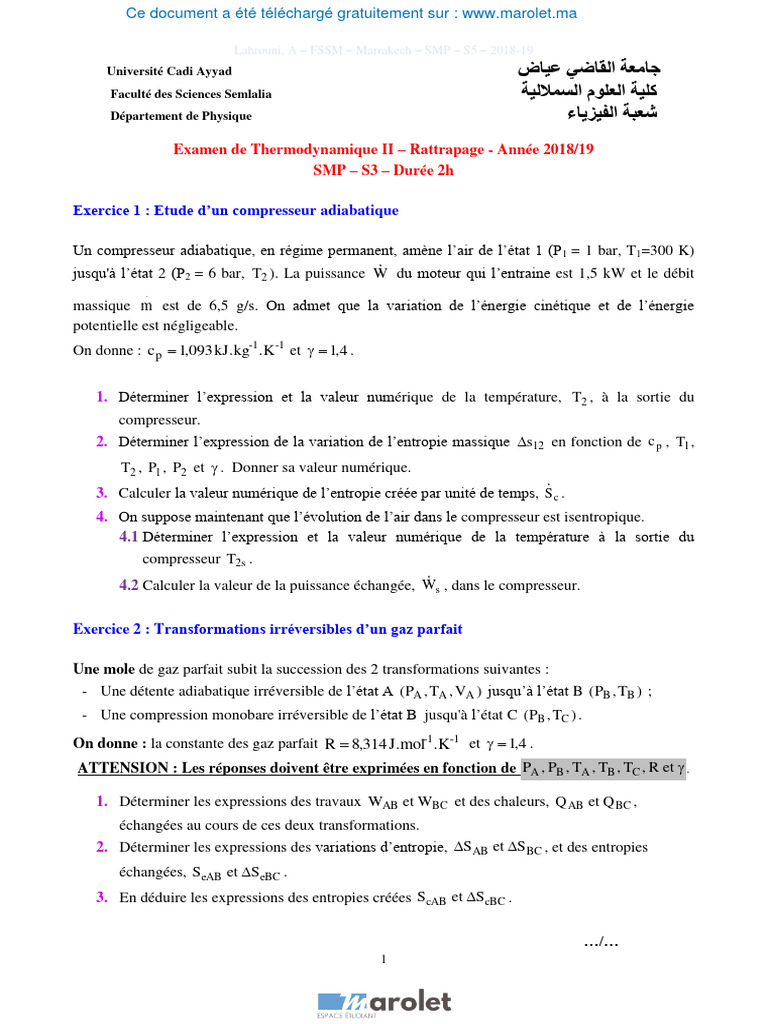Examen de Thermodynamique II 2018/19 | PDF | Enthalpie de changement d ...