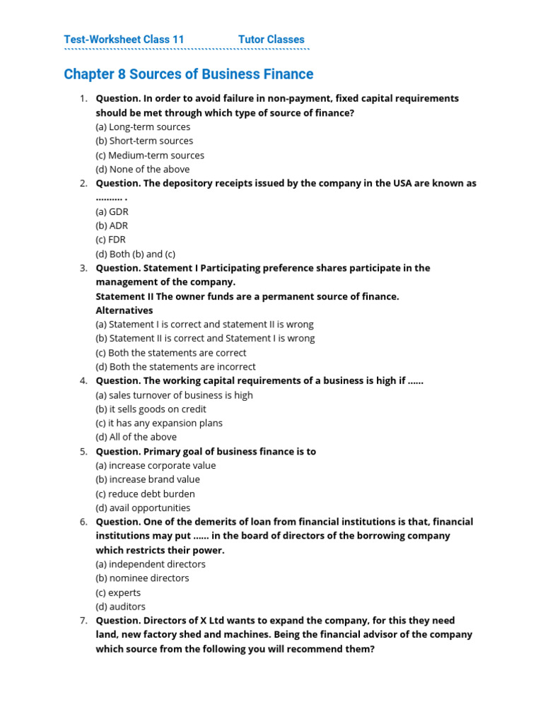 Sources of Business Finance Worksheet - 3 | PDF | Capital Structure