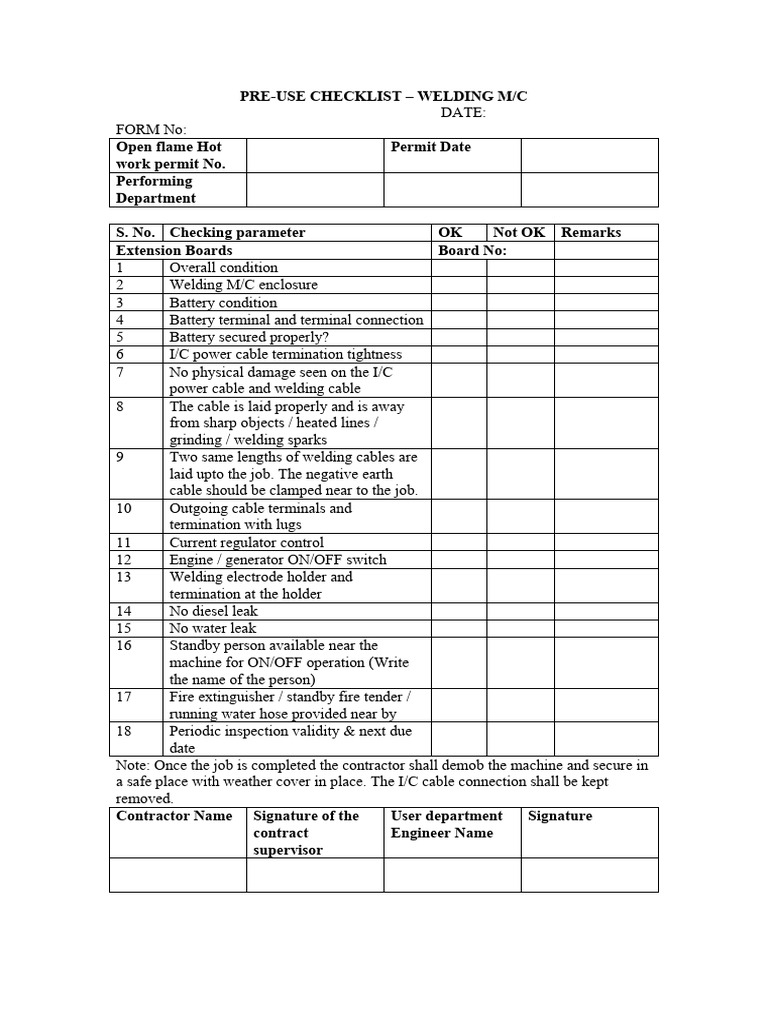 Preuse Check List of Welding Machines | PDF