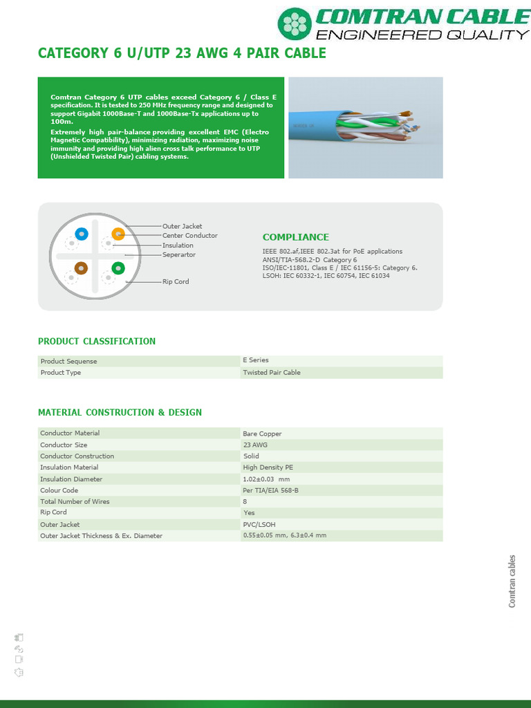 Datasheet 6 Utp 23 Awg 4 Pair Cable | PDF | Telecommunications ...