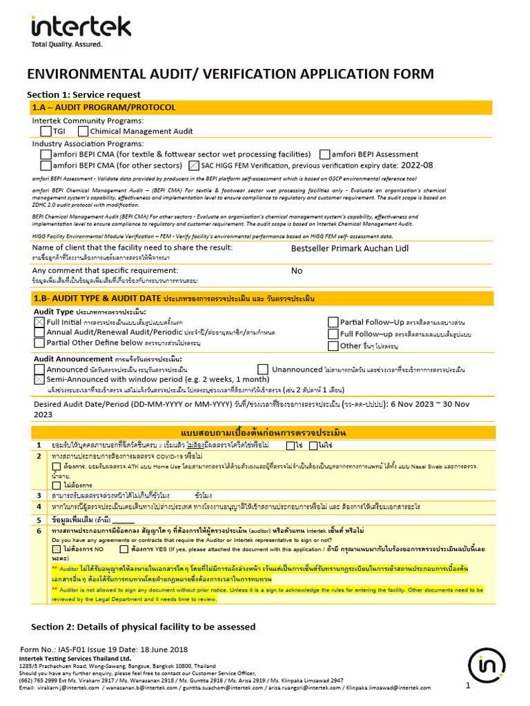 副本 - IAS-F01 Intertek Audit Application (Environmental) - HIGG | PDF
