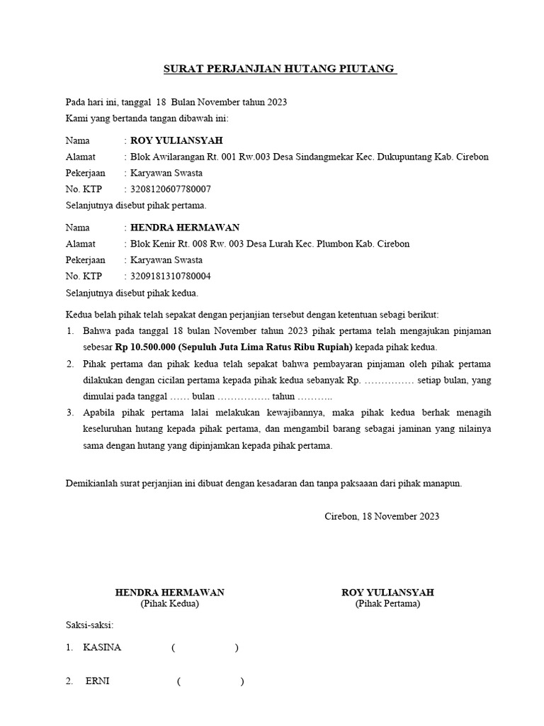 Surat Perjanjian Hutang Piutang Pdf