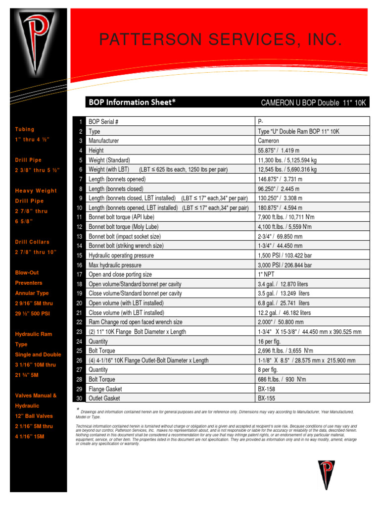 Cameron U BOP Specifications Sheet | PDF | Chemical Engineering ...