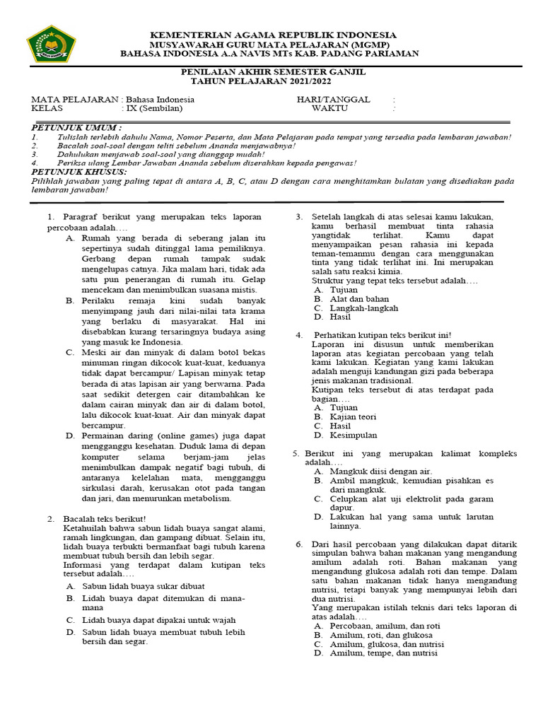 Kunci Jawaban Asesmen Bahasa Indonesia Kelas 9 | PDF