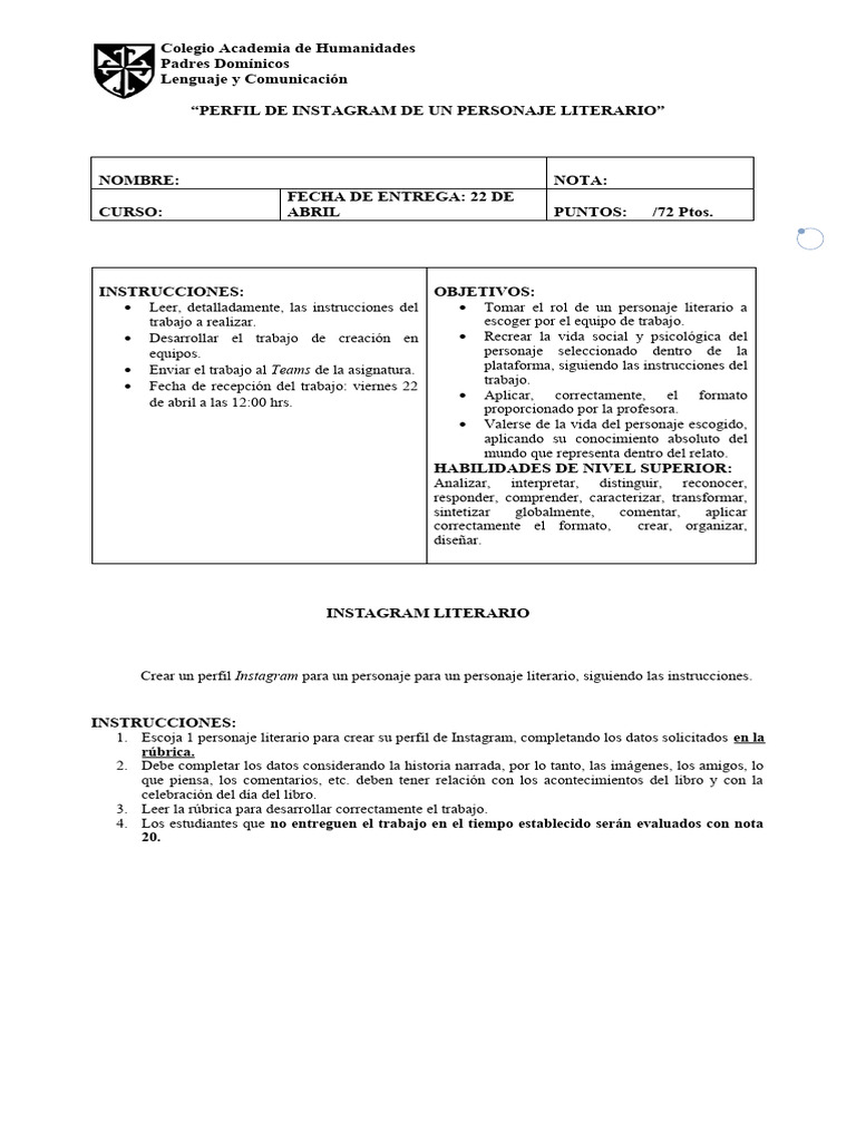 Trabajo perfil de instagram de un personaje literario 7 pdf