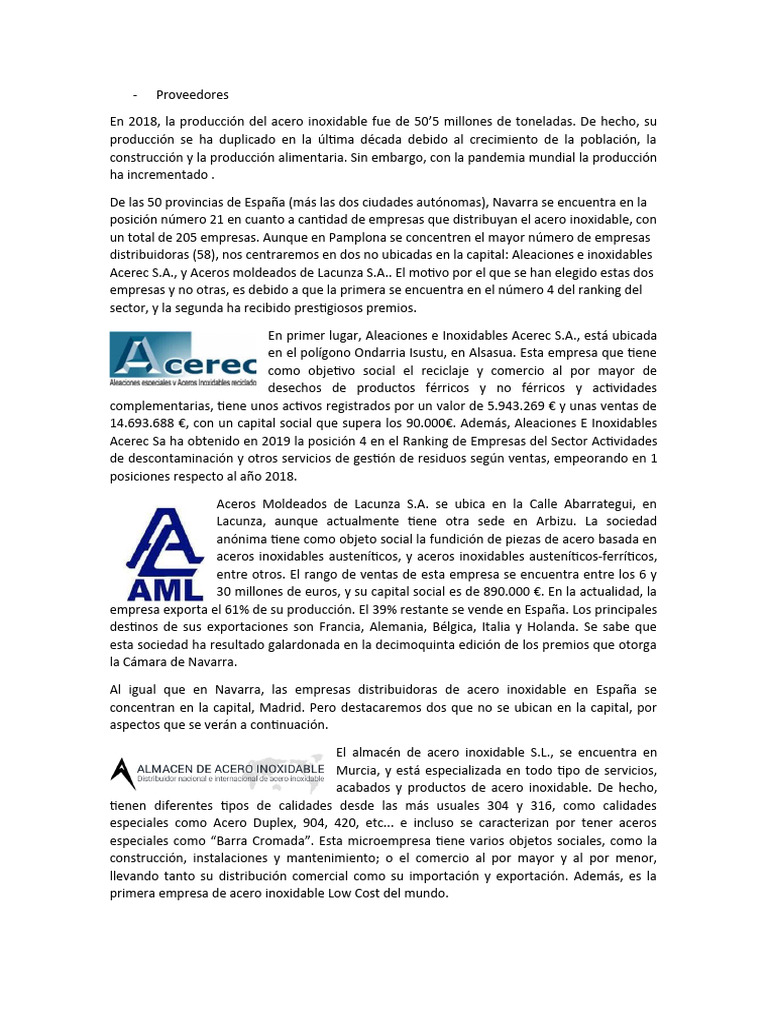 Proveedores De Acero Inoxidable En España Pdf Acero Industria