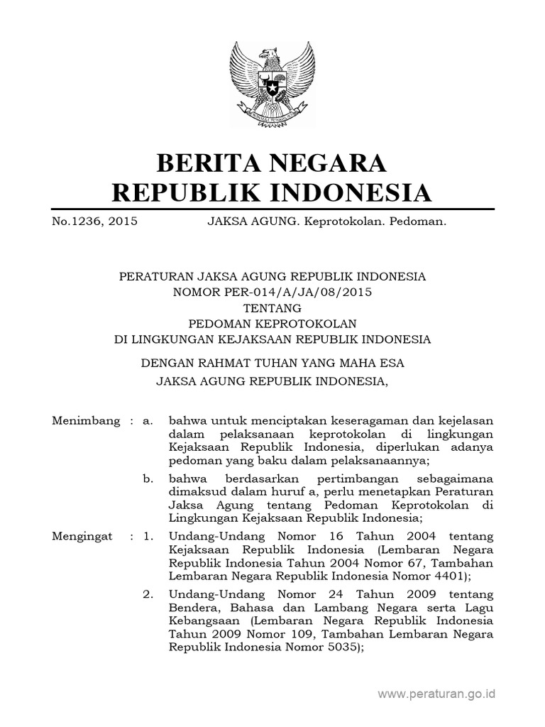 Peraturan Jaksa Agung Republik Indonesia Nomor Per 014 A Ja 08