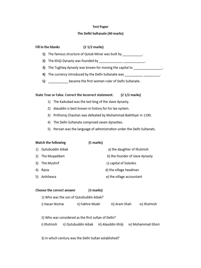 Question Paper - History - The Delhi Sultanate | PDF