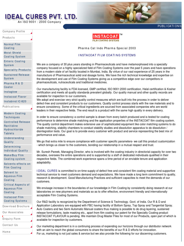 Instacoat Film Coating Systems Overview | PDF | Tablet (Pharmacy ...