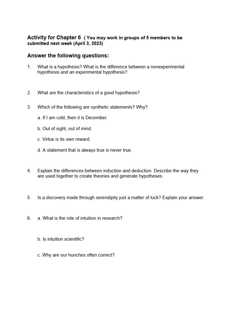 Activity For Chapter 6 | PDF | Hypothesis | Experiment