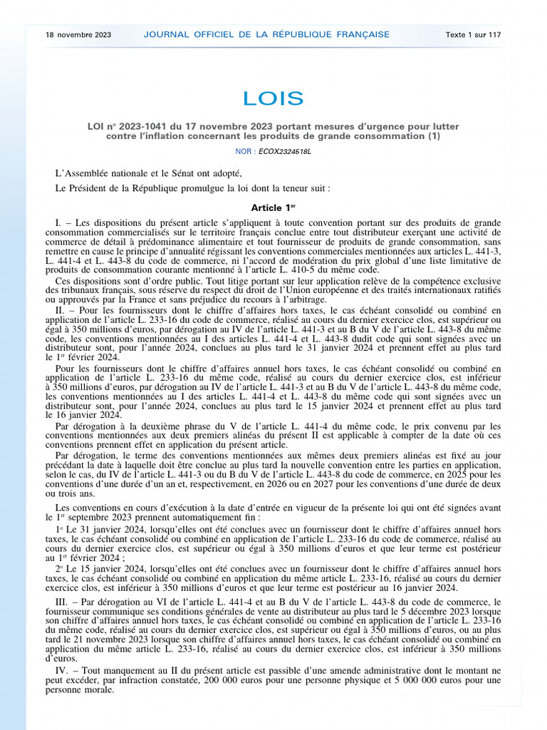 Loi 2023-1041 : Lutte contre l'inflation | PDF | Loi | Traité