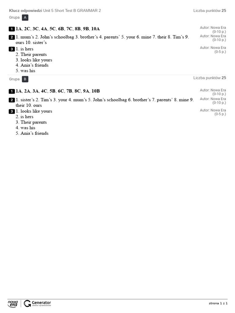 Unit 5 Short Test B Answers | PDF