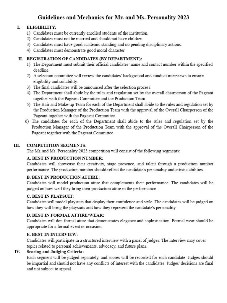 Guidelines and Mechanics For Mr. and Ms. Personality 2023 | PDF ...
