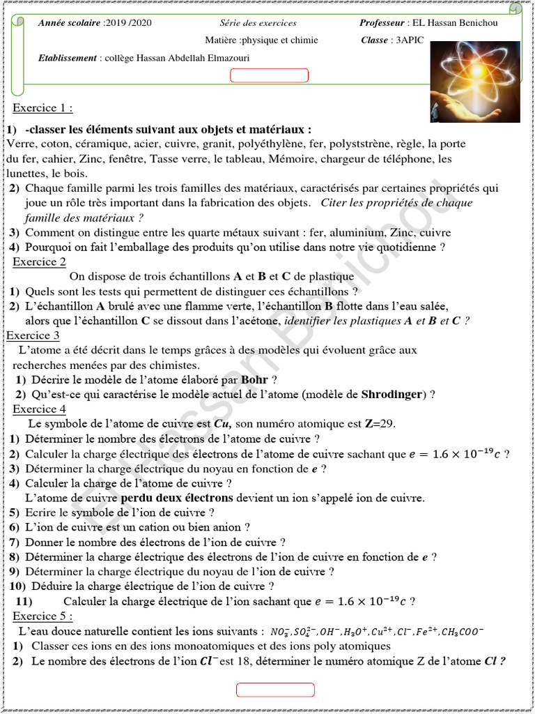 Évaluation de Physique-Chimie 3APIC | PDF | Ion | Atomes