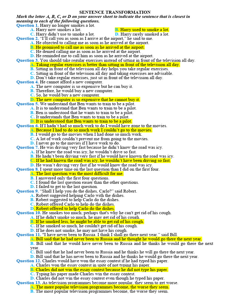 Sentence Transformation Exercises with Answers | PDF | Language Arts ...