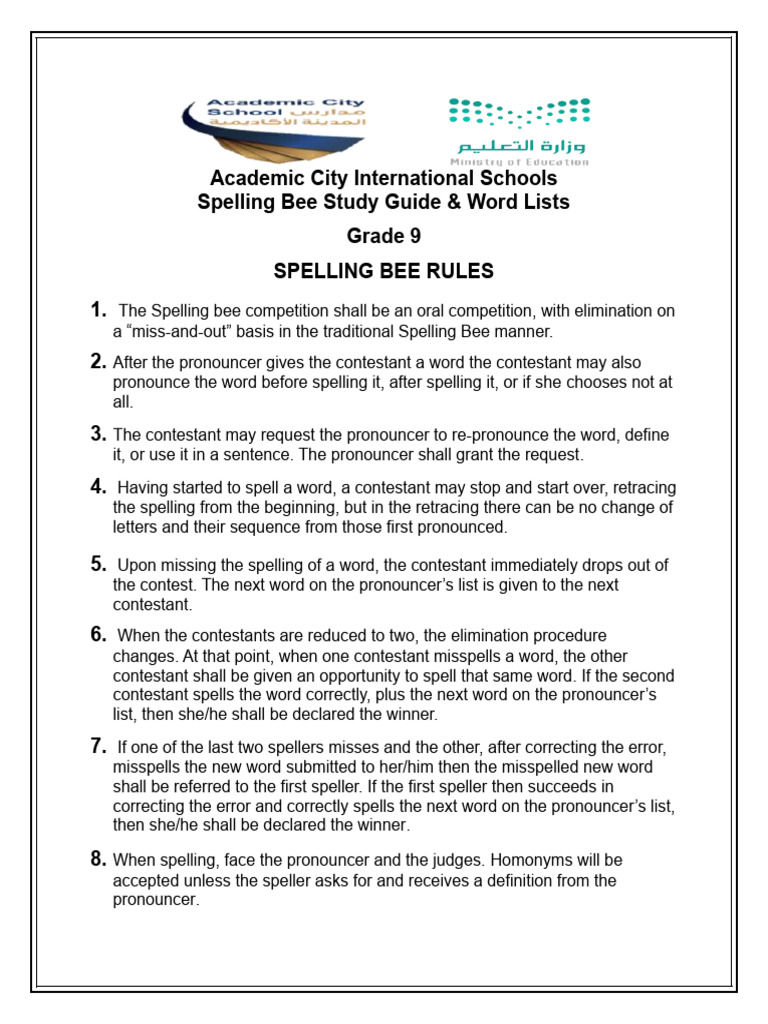 Grade 9 Spelling Bee Guide | PDF | Spelling | Orthography