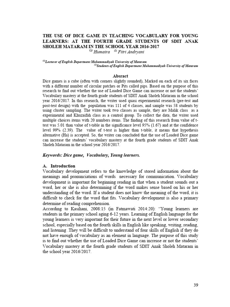 The Use of Dice Game in Teaching Vocabulary For Young PDF Dice