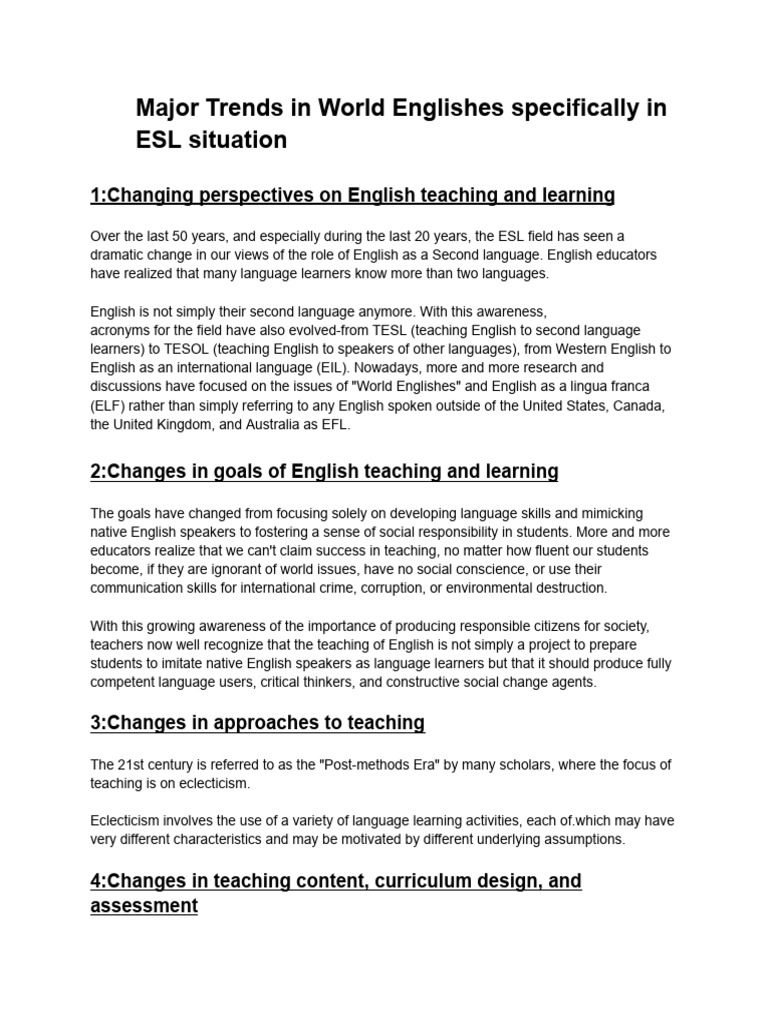 Trends in ESL and World Englishes | PDF | English As A Second Or ...