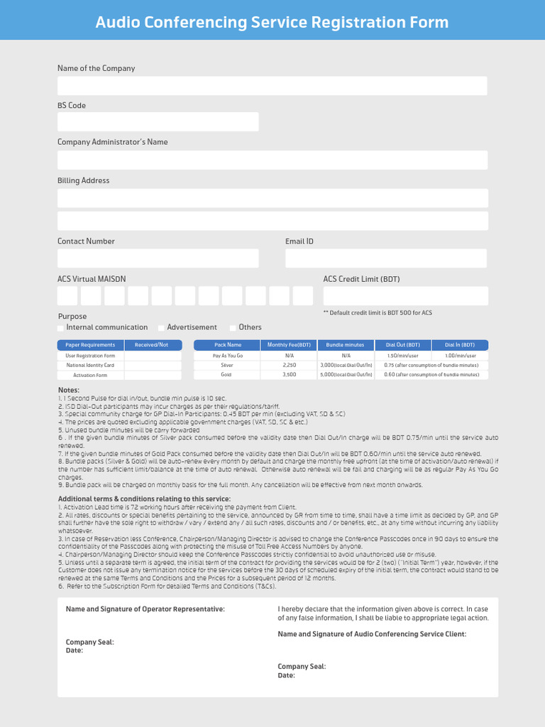 Audio Conferencing Form PDF Subscription Business Model