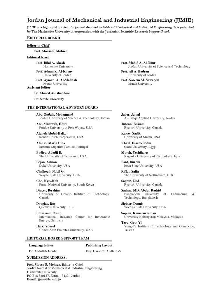 Jordan journal of mechanical and industrial engineering jjmie pdf