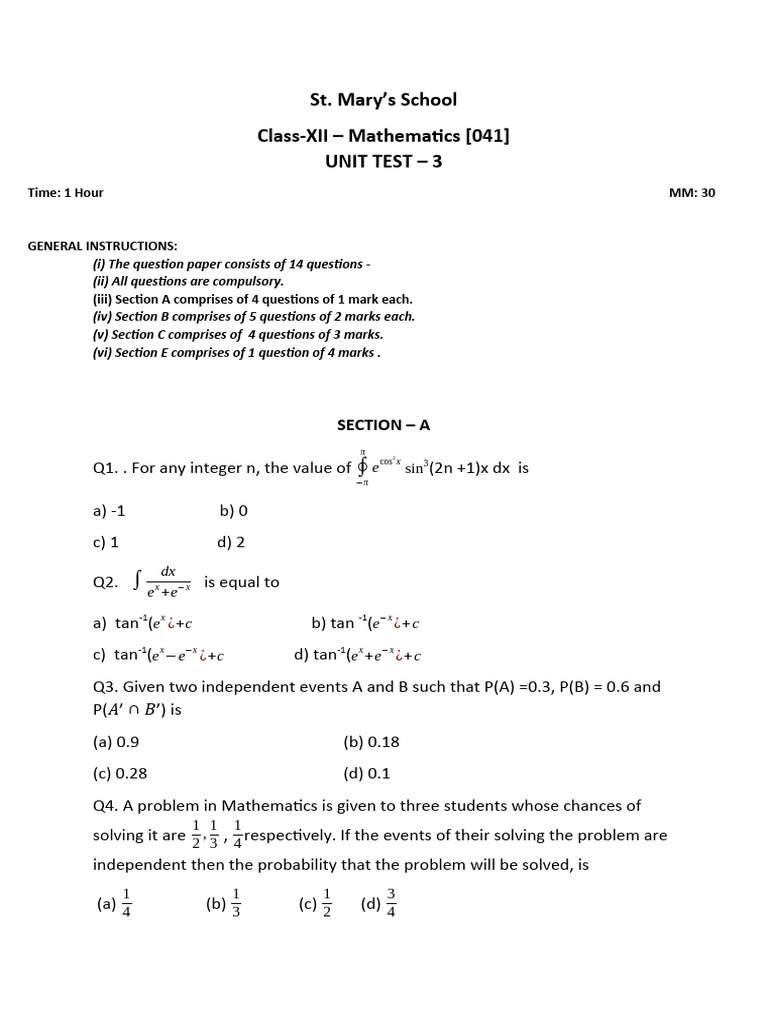 Ut 3 class xii maths paper final pdf mathematics