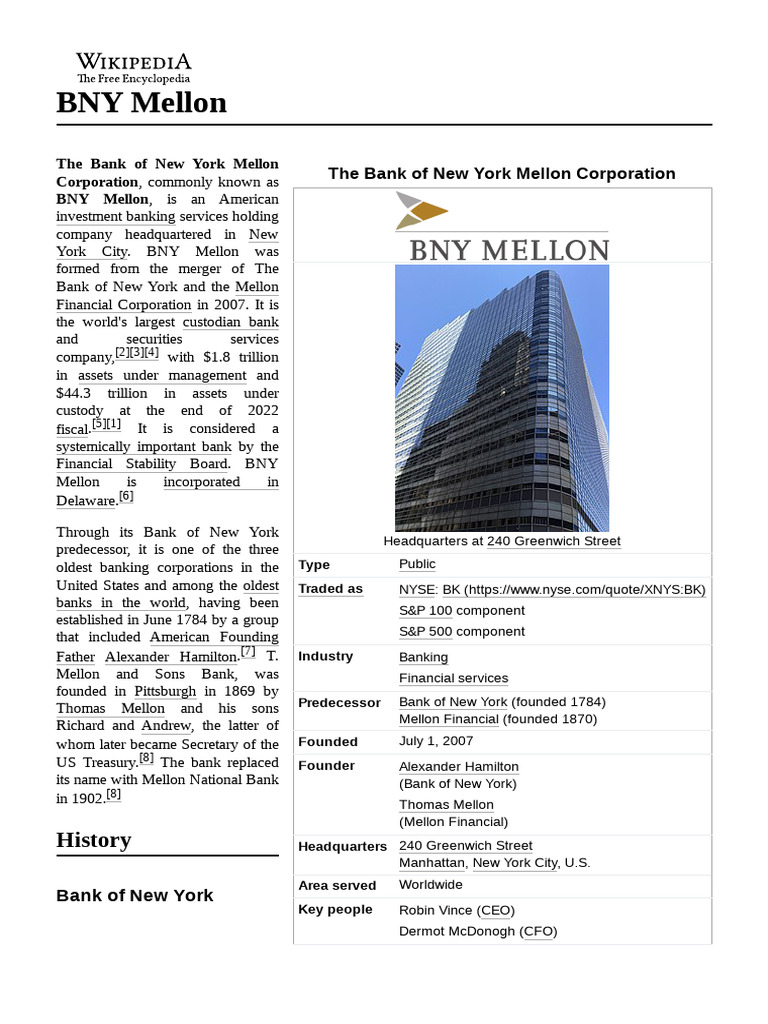 BNY Mellon: History and Headquarters | PDF | Mellon Financial | Financial  Services