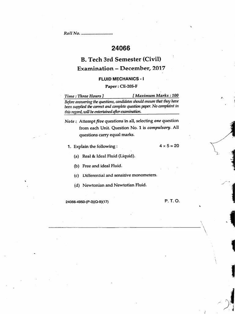 Btech Civil 3 Sem Fluid Mechanics 1 24066 Dec 2017 | PDF