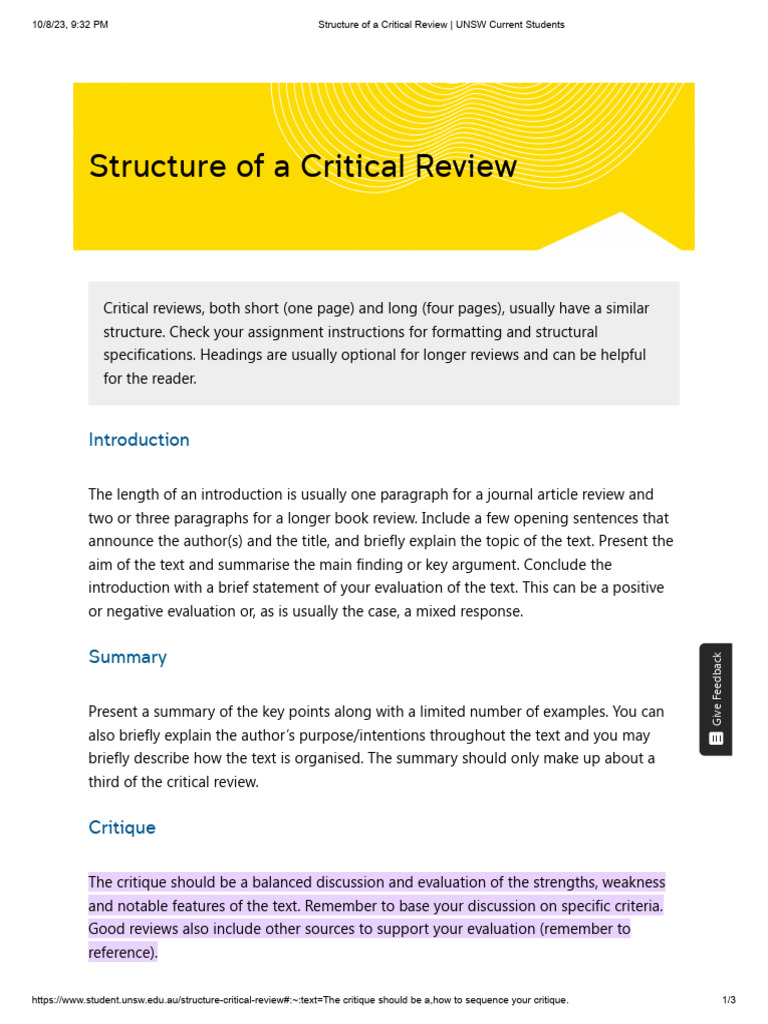 UNSW Guide to Critical Review Structure | PDF | Evaluation | Cognition