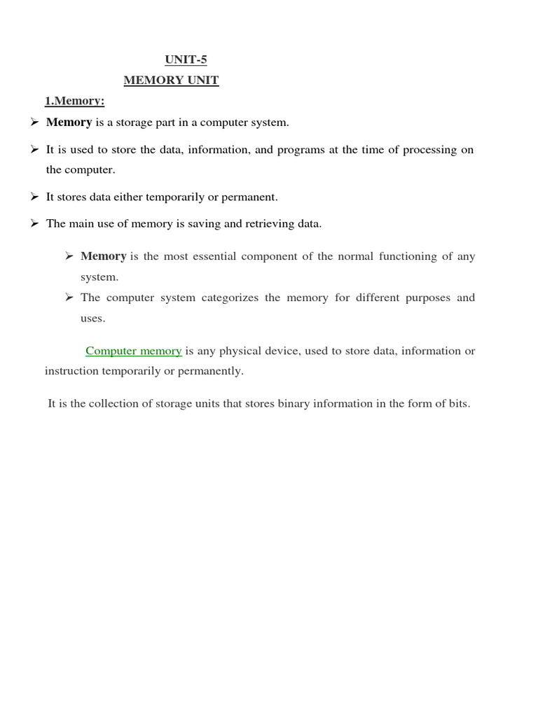 Memory unit 5 coa pdf pdf computer data storage random access